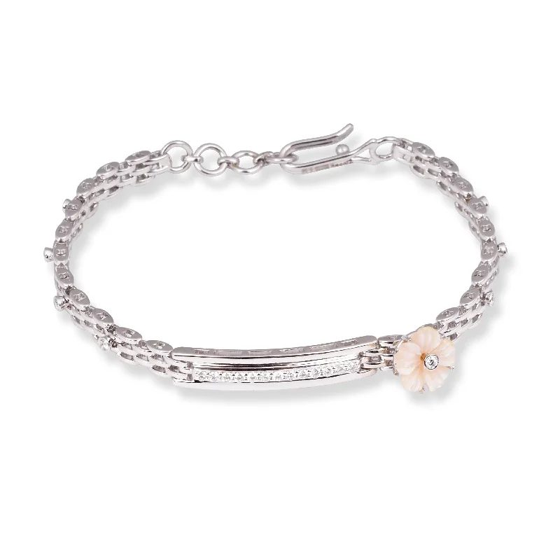 personalized beaded bracelet for friends-18ct White Gold Pavé Diamond and Cultured Pearl ID Bracelet with Flower Accent MCS6912