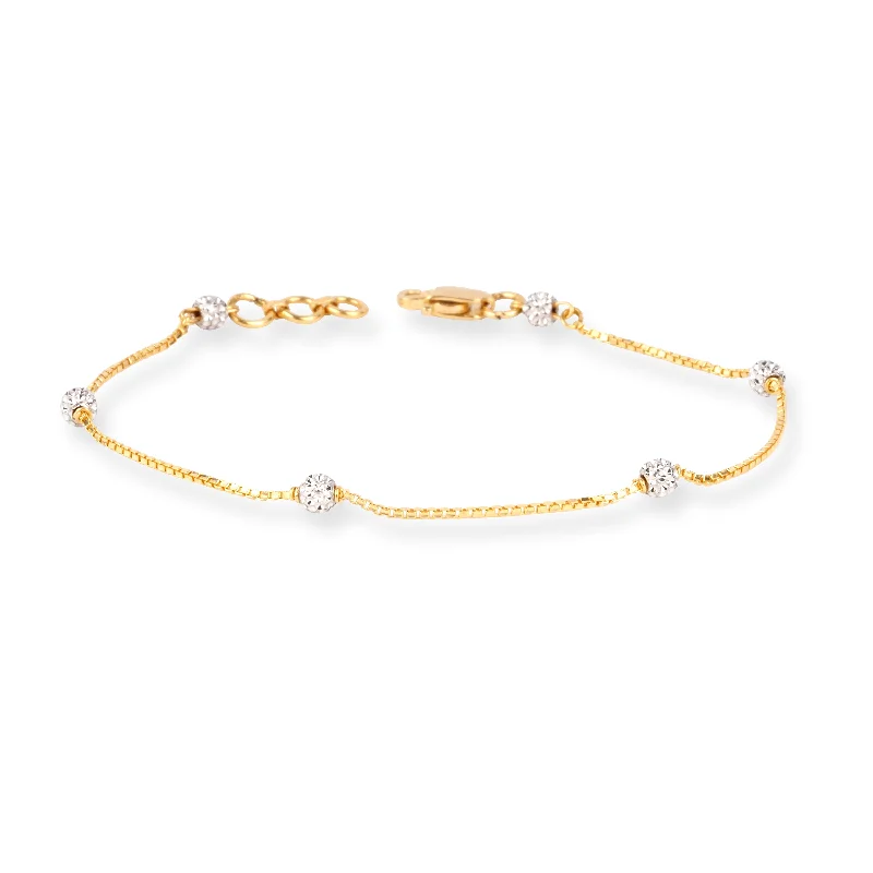 gold bracelet with personalized engraving-22ct Gold Box Chain Bracelet with Rhodium Plated Diamond Cut Beads and Lobster Clasp LBR-8479Rd