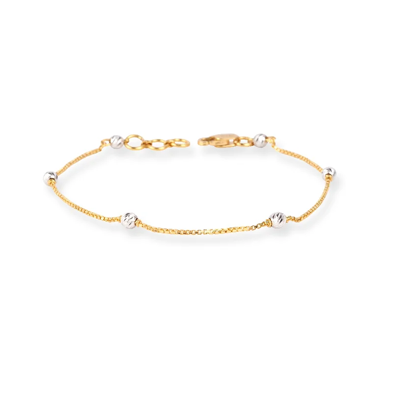 simple charm bracelet with nameplate-22ct Gold Box Chain Bracelet with Rhodium Plated Diamond Cut Beads and Lobster Clasp LBR-8715