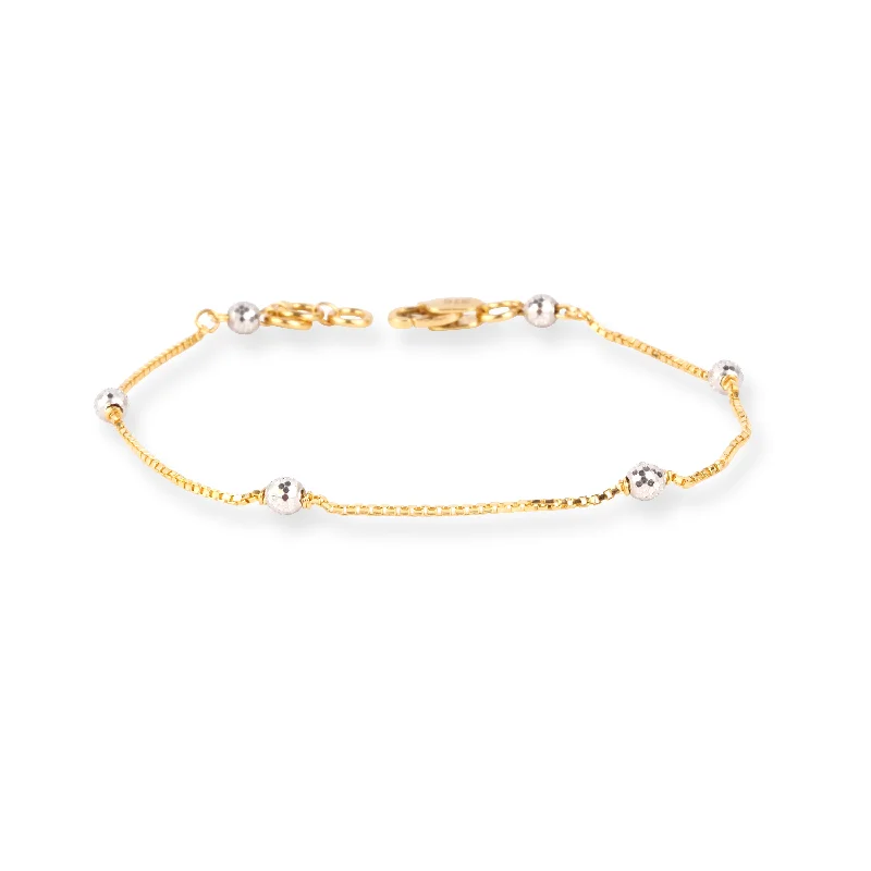 trendy bracelet with enamel charms-22ct Gold Box Chain Bracelet with Rhodium Plated Diamond Cut Beads and Lobster Clasp LBR-8716