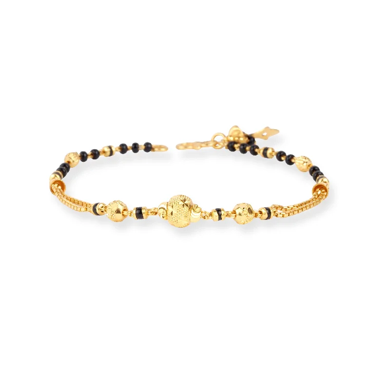 adjustable gold bracelet for women-22ct Gold Bracelet with Black and Diamond Cut Beads and S Clasp LBR-8708