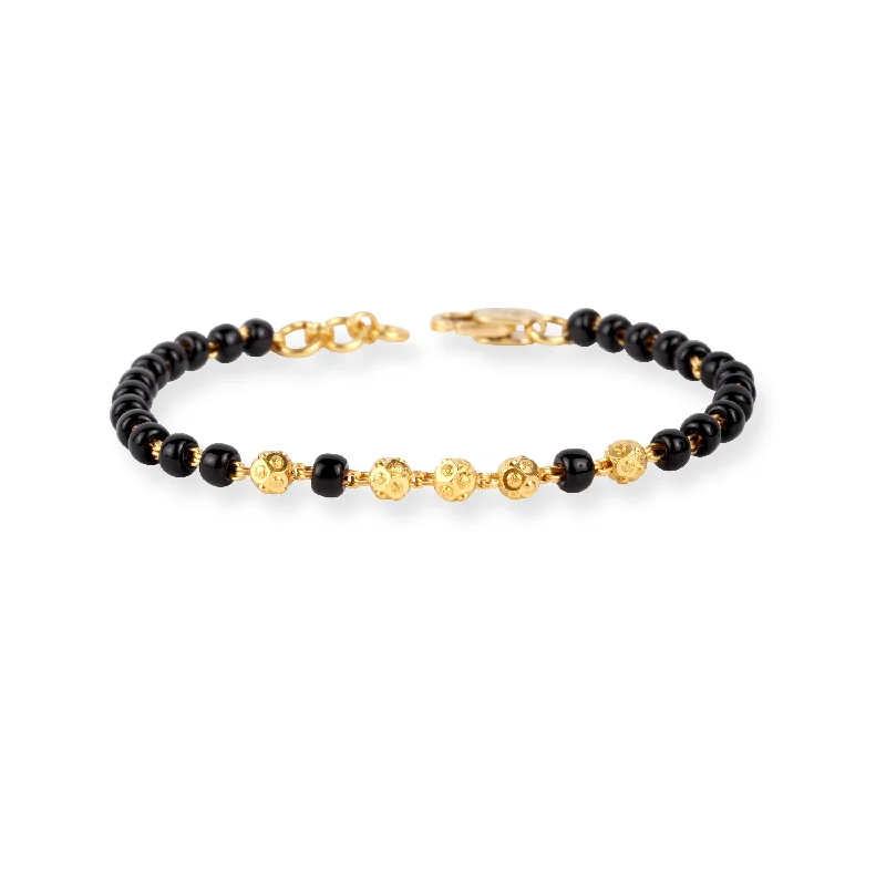 multi-strand leather bracelet with charms-22ct Gold Children's Bracelet with Black and Diamond Cut Beads and Lobster Clasp CBR-8484