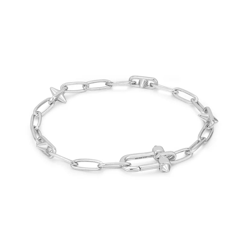 adjustable silver bracelet with gemstone-Ania Haie Silver Stud Link Charm Bracelet B048-03H