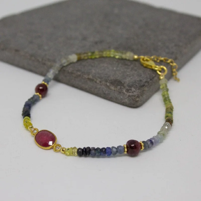 luxury bracelet with white sapphire stones-Gold Sapphire and Ruby Bracelet