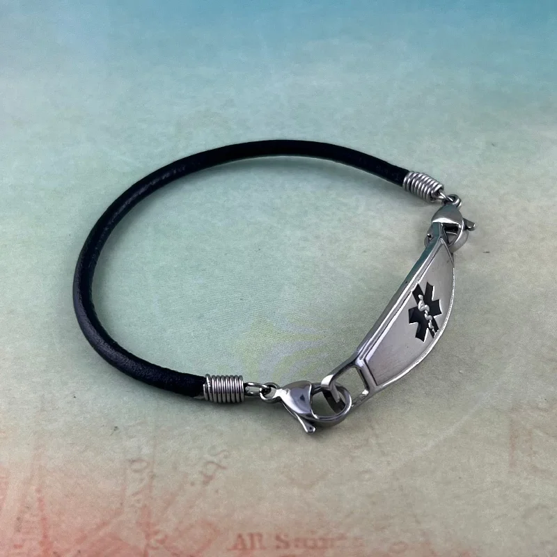 bohemian leather bracelet for free spirits-Black Round Leather Medical Bracelets