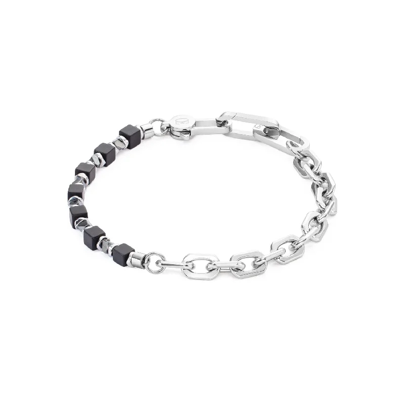 adjustable charm bracelet with engraved initials-Coeur De Lion Cubes Fusion Link Chain Silver Black Bracelet