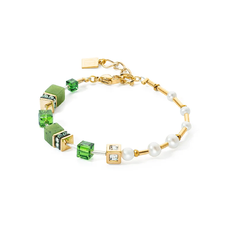 luxury bracelet with diamond and gold-Coeur De Lion GeoCUBE® Fusion Gold Green and Pearl Bracelet