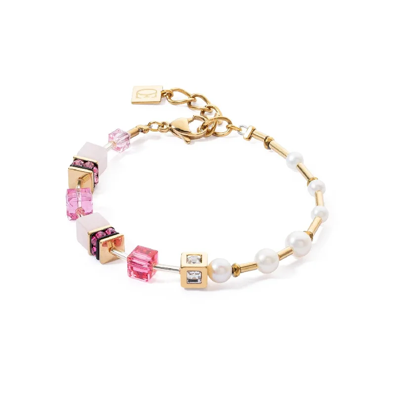 silver bracelet for special occasions with engraving-Coeur De Lion GeoCUBE® Gold Pink and Pearl Bracelet