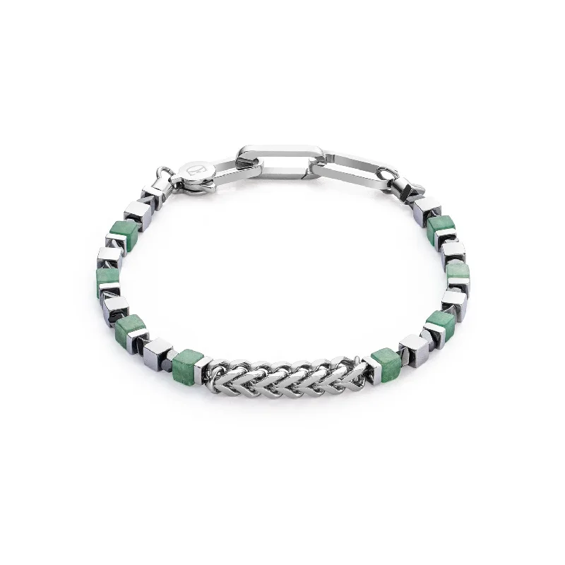 bracelet with motivational charm for her-Coeur De Lion Precious Cubes & Chain Silver Green Bracelet