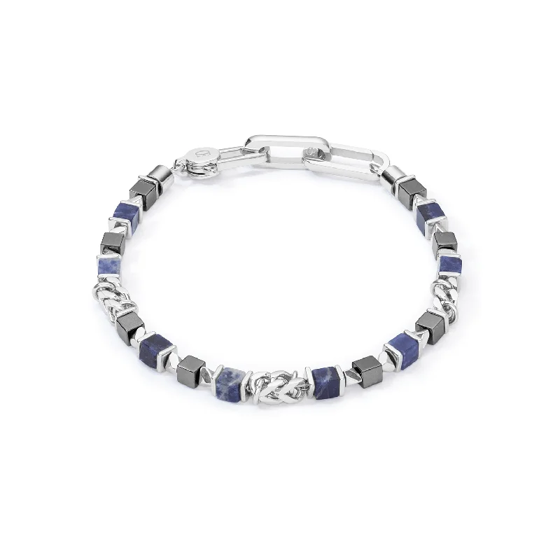 silver bracelet for special occasions with engraving-Coeur De Lion Unisex Silver and Blue Cube Bracelet