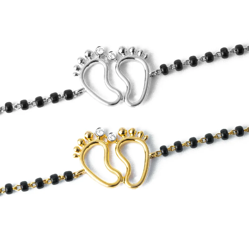 gold bracelet with sapphire charms-18ct Yellow Gold / 18ct White Gold Diamond Adjustable Children's Bracelet with Small Feet and Black Beads MCS4275