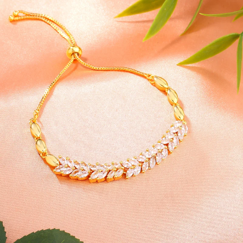 stackable bracelet with gold and silver-Estele Gold Plated CZ Leaf Designer Bracelet for Women