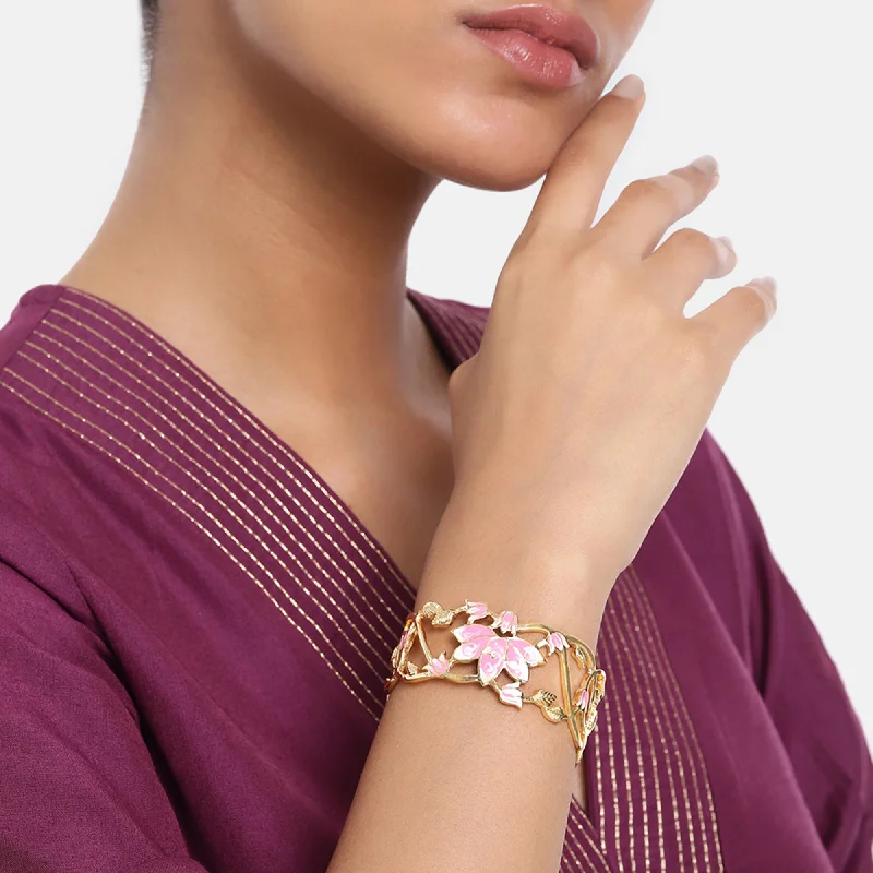 boho-style leather bracelet with metal beads-Estele Gold Plated Gorgeous Lotus Designer Cuff Bracelet with Pink Enamel for Girl's & Women