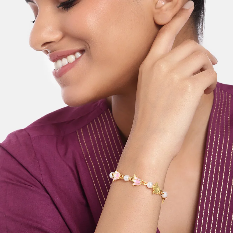 custom bracelet with engraved quote-Estele Gold Plated Elegant Lotus Designer Adjustable Link Bracelet with Pearls & Pink Enamel for Girl's & Women