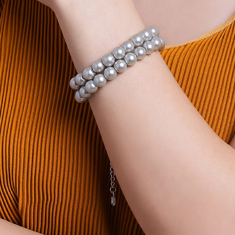 engraved silver bracelet with custom name-Estele - Grey Pearl Double Line Bracelet