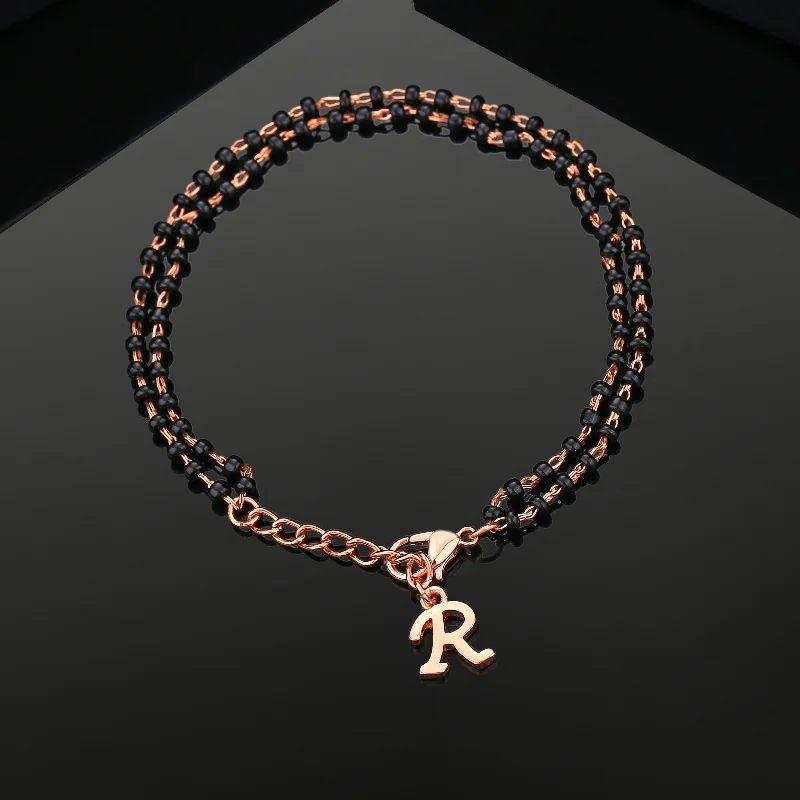 women’s bracelet with diamond accents-Estele Rose Gold Plated Fascinating "R" Alphabet with Black Beads Bracelet for Women