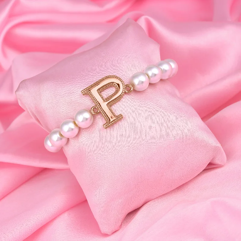 silver bracelet for anniversary with engraving-Estele Rose Gold Plated Pretty "P" Letter Pearl Bracelet for Women