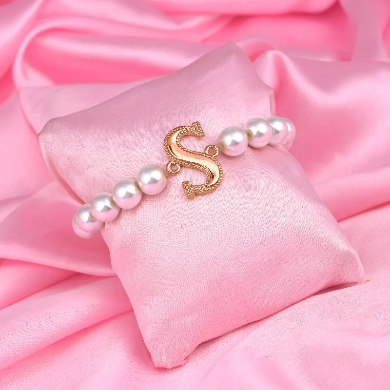 beaded bracelet with turquoise stones-Estele Rose Gold Plated Stunning "S" Letter Pearl Bracelet for Women