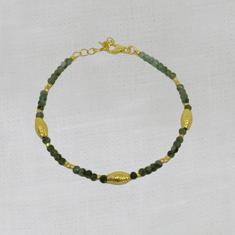 silver bracelet with intricate pattern-Gold and Emerald Textured Bead Bracelet