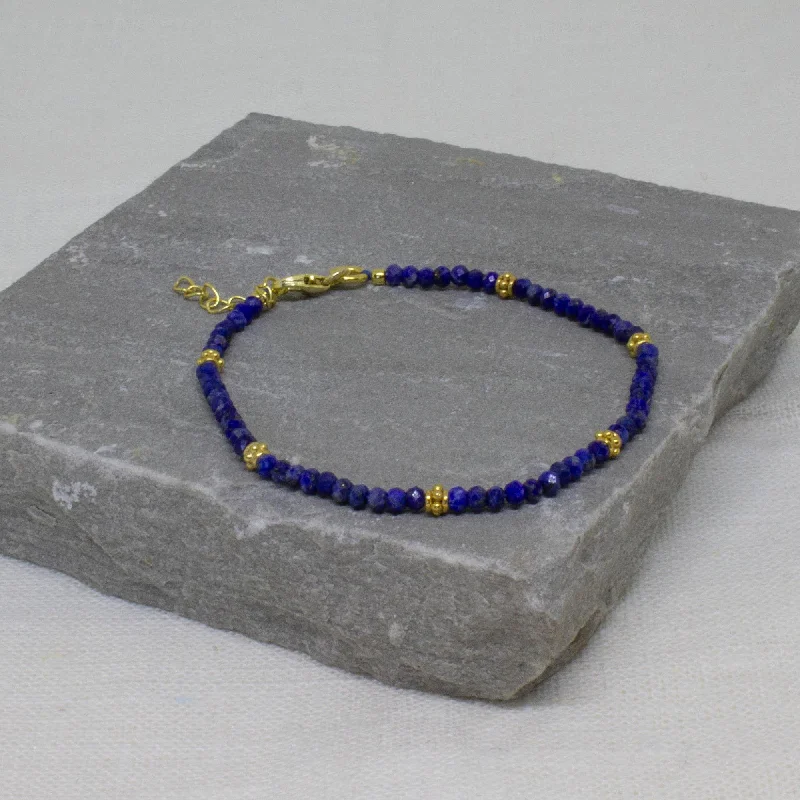 personalized charm bracelet with family names-Gold Lapis Lazuli Beaded Bracelet