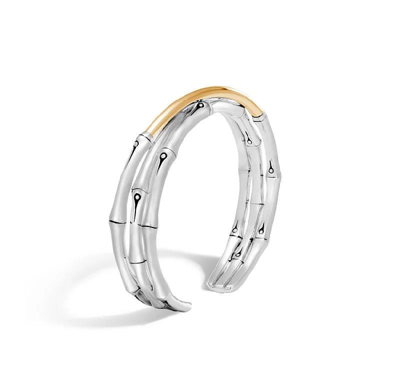 luxury bracelet with white sapphire stones-John Hardy Bamboo Sterling Silver and Yellow Gold Crossover Cuff