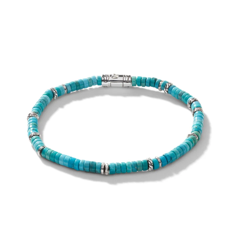 silver bracelet with engraved star design-John Hardy Classic Chain Bracelet with Heishi Turquoise Beads