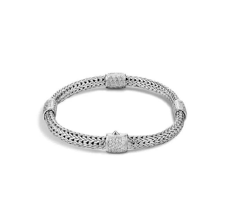 personalized silver bangle for birthday gift-John Hardy Classic Chain Four Station Bracelet with Diamond Pavé