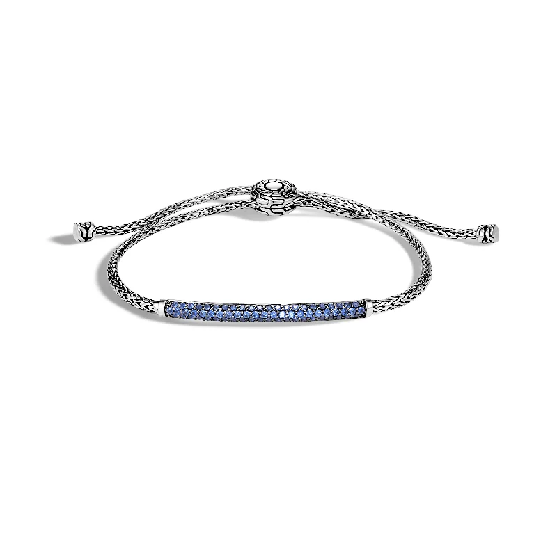 men’s leather cuff bracelet with engraving-John Hardy Classic Chain Sterling Silver Pull Through Station Bracelet in Blue Sapphire