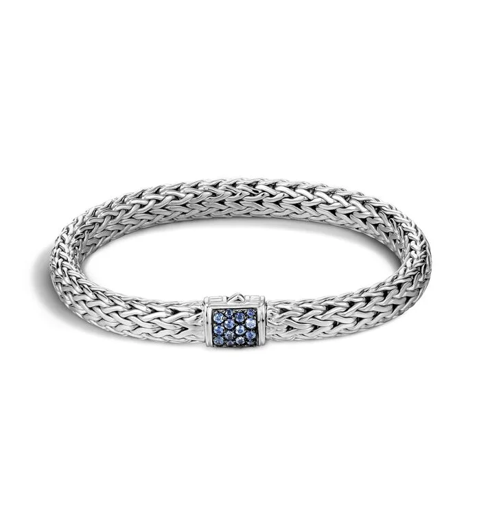 silver bracelet with custom family crest-John Hardy Medium Classic Chain Bracelet with Blue Sapphire Clasp