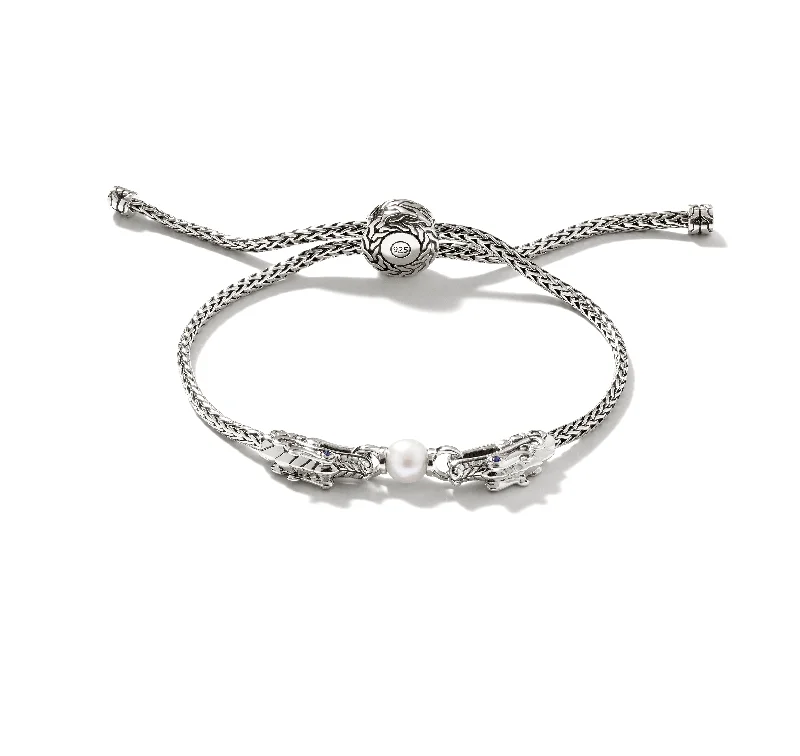 boho-style leather bracelet with metal beads-John Hardy Silver Chain Dragon Pull Through Bracelet with Fresh Water Pearl