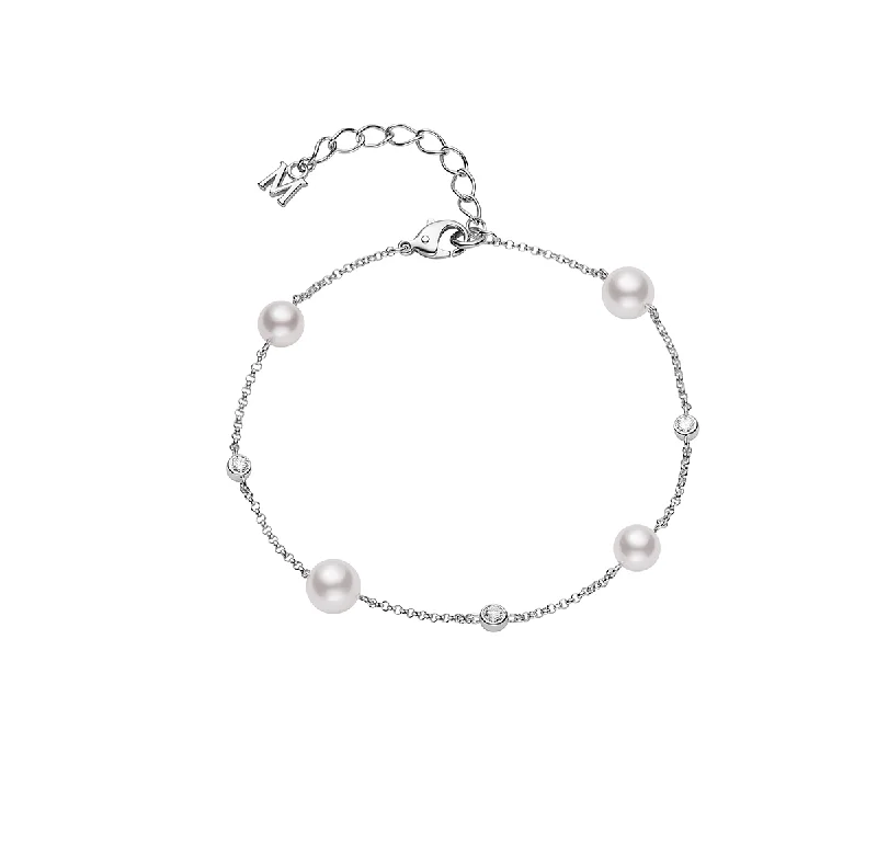 gold bracelet with personalized engraving-Mikimoto 6.5mm Akoya Cultured Pearl and Diamond Station Bracelet