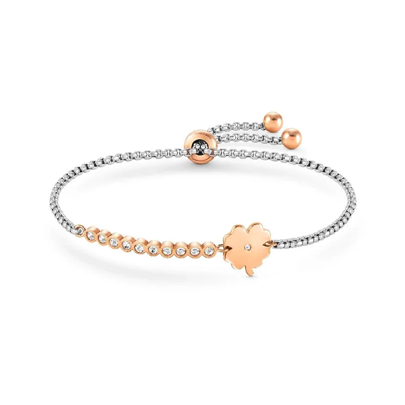 custom bracelet with engraved date and initials-Nomination Milleluci Silver Rose Gold Four-Leaf Clover Bracelet