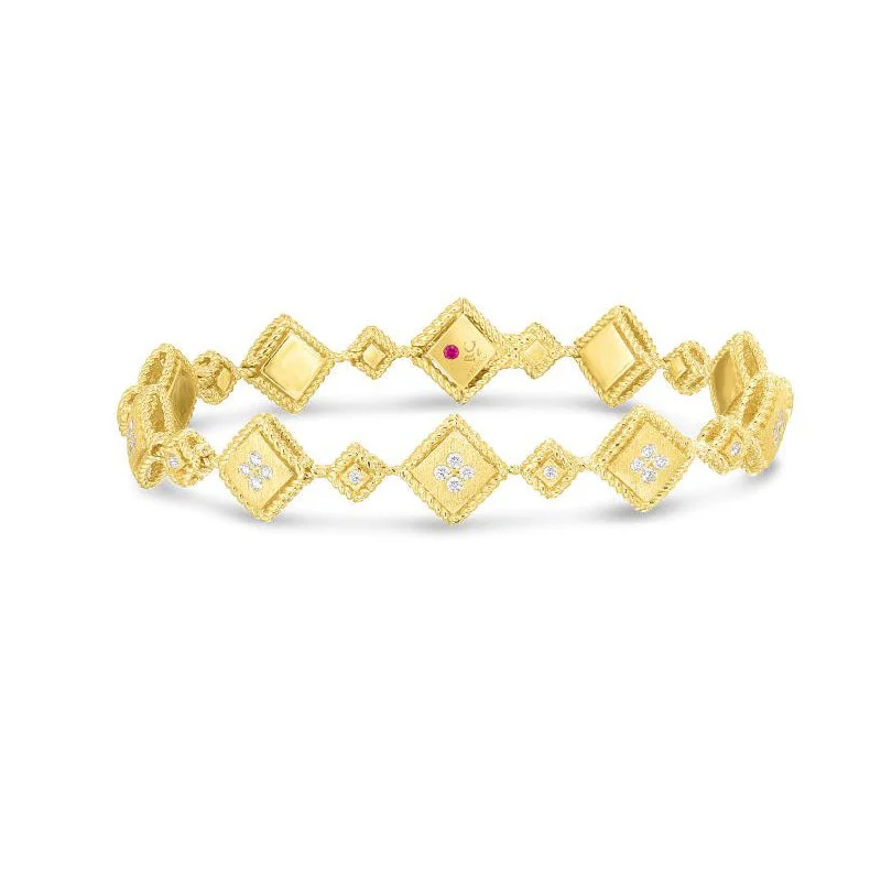 bracelet with engraved names for couples-Roberto Coin Palazzo Ducale Diamond Alternating Square Bracelet in 18K Yellow Gold