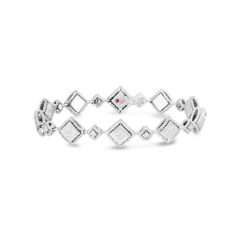 simple charm bracelet with nameplate-Roberto Coin Palazzo Ducale Diamond Alternating Square Bracelet in 18K White Gold