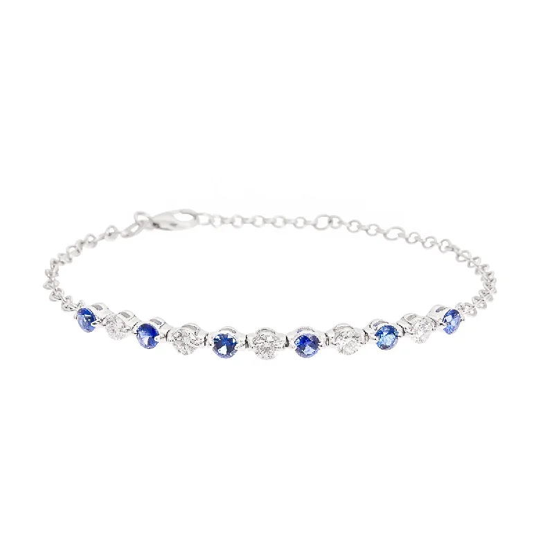 women’s bracelet with chakra stones-Sabel Collection 18K White Gold Round Sapphire and Round Diamond Medium Partway Bracelet