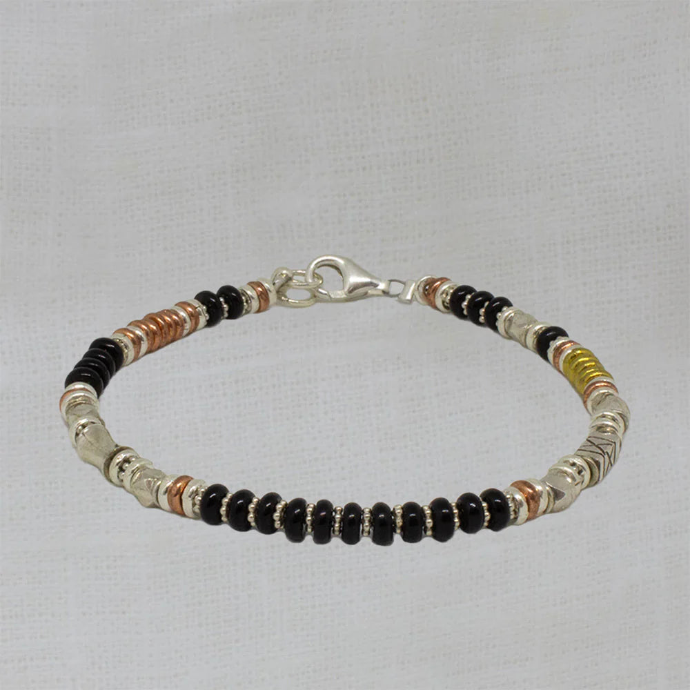 silver bracelet with floral pattern-Silver Black Onyx and Mixed Metals Bracelet