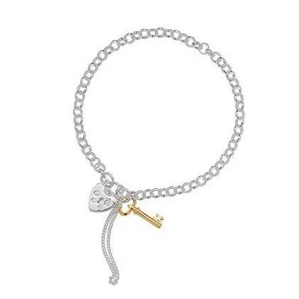 custom bracelet with engraved date and initials-Sterling Silver Bracelet with Heart and Padlock Charms SBR169A