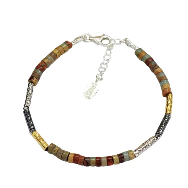 women’s leather bracelet with charm-Gold Vermeil Sterling Silver Three Colour Jasper Tube Bracelet