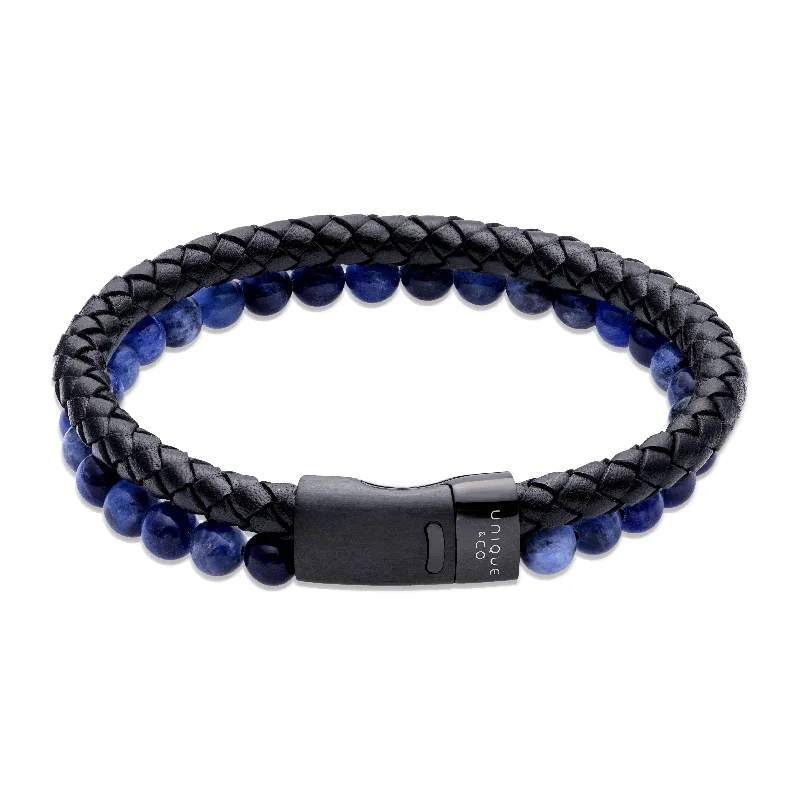 personalized bracelet for couples anniversary-Unique & Co Double Row Black Leather & Blue Beads Bracelet