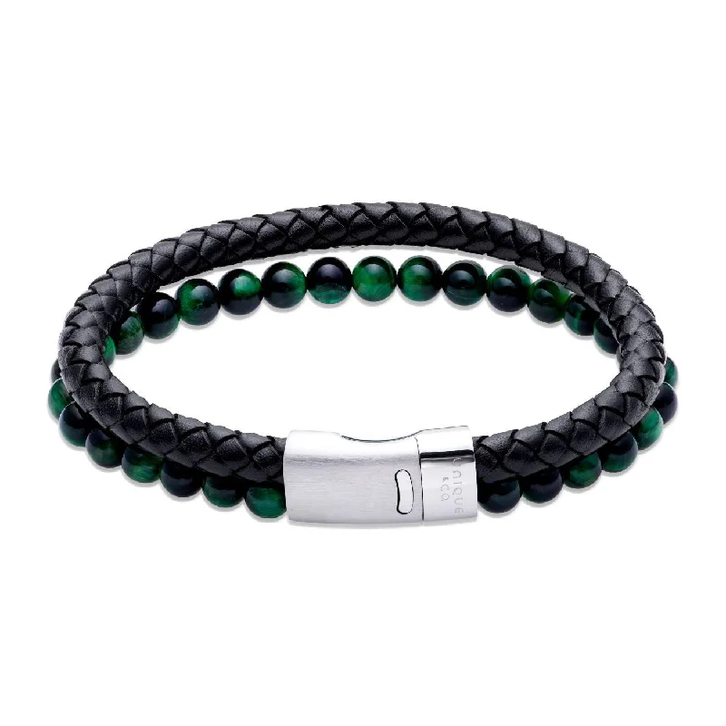 personalized bracelet for anniversary gift-Unique & Co Black Leather Bracelet with Green Tiger's Eye