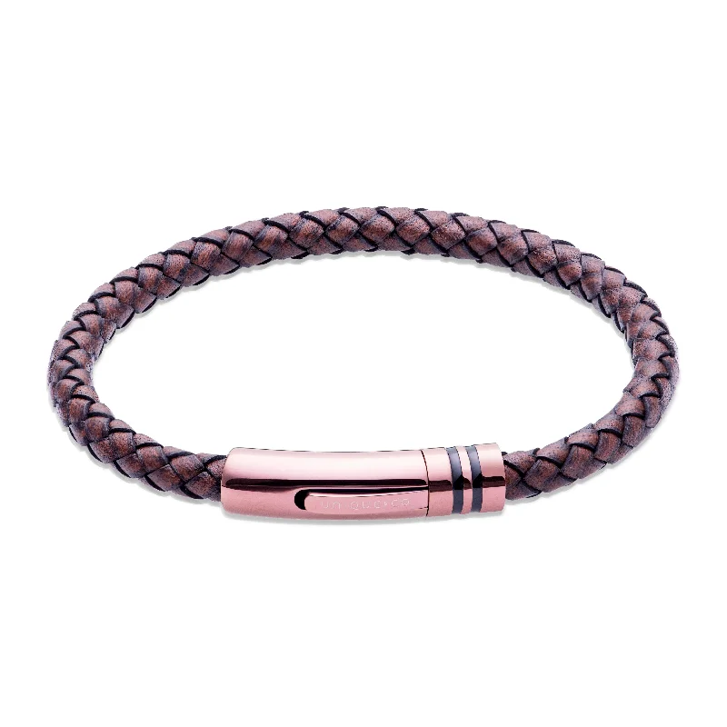 silver bracelet with rose gold elements-Unique & Co Dark Brown Leather Bracelet with Brown IP Clasp