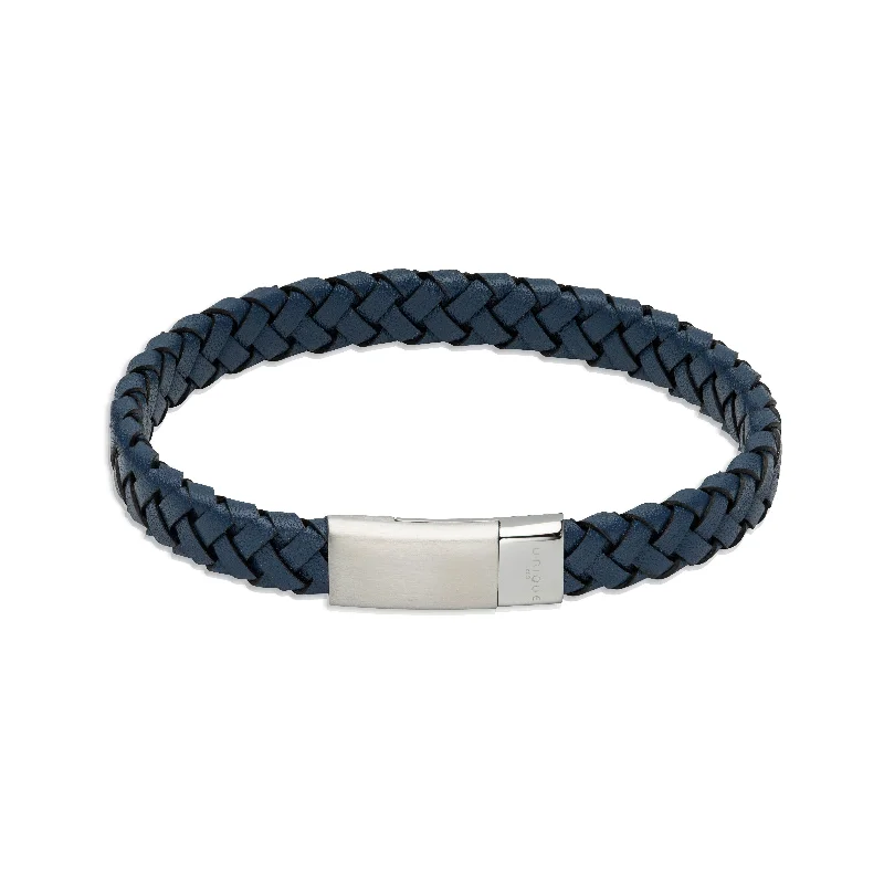 silver bracelet for anniversary with engraving-Unique & Co Navy Blue Weaved Leather Bracelet