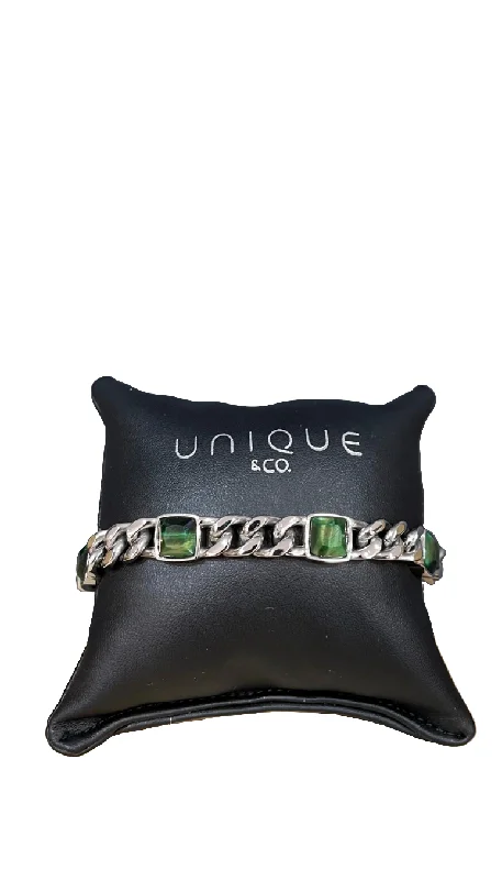 women’s personalized bracelet with charms-Unique & Co Steel and Green Tigers Eye Bracelet