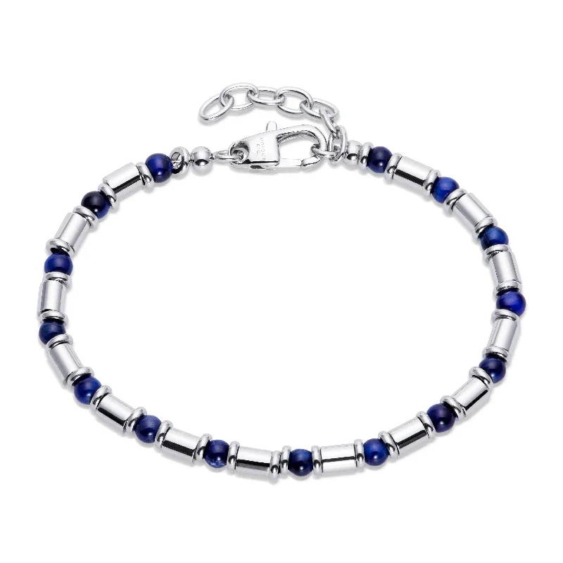 silver bracelet with custom charms for her-Unique & Co Steel Bracelet With Blue Tiger's Eye Beads