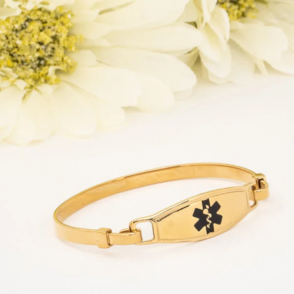 gold bracelet with engraved coordinates-Medical Alert Bracelet Gold Plated w/Black Star