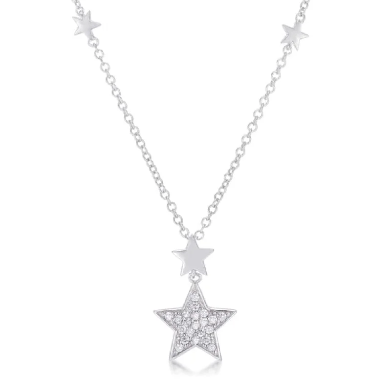 engraved gold pendant necklace -0.32Ct Rhodium Star Necklace With Shimmering Cz - 16 inch