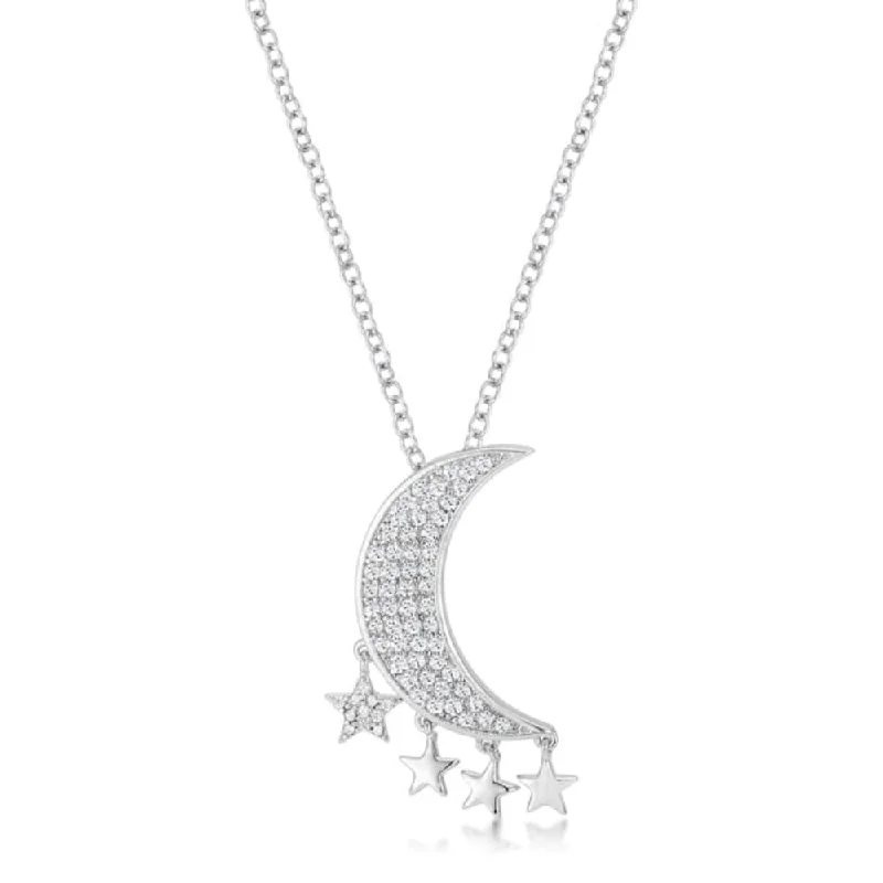 adjustable gold pendant necklace -0.6Ct Dazzling Rhodium Moon And Stars Necklace With Cz - 18 Inch