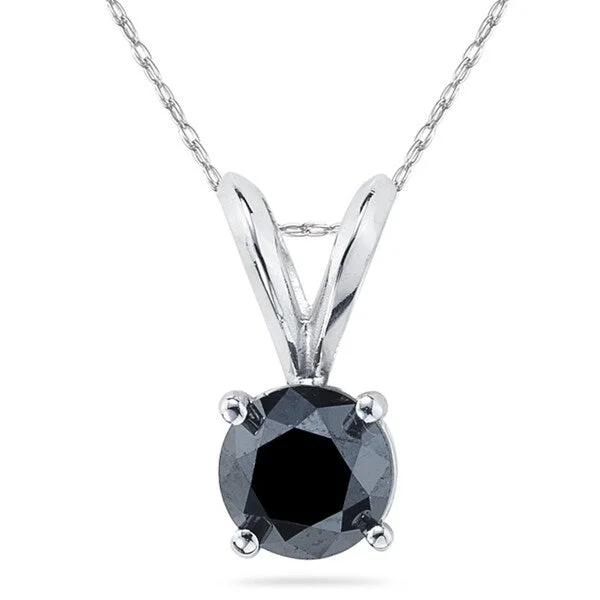 geometric silver pendant necklace -1/3 Carat Round Black Diamond Solitaire Pendant in 14K White Gold