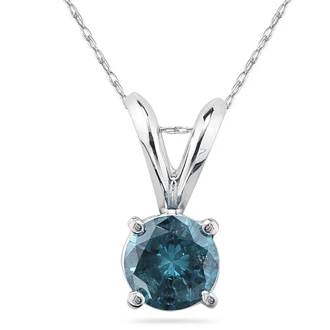 engraved pendant with name -1/3 Carat Round Blue Diamond Solitaire Pendant in 14K White Gold