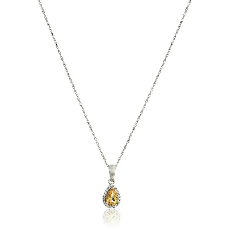 engraved silver bar necklace -10k White Gold Citrine & Created White Sapphire Pear Halo Pendant, 18"